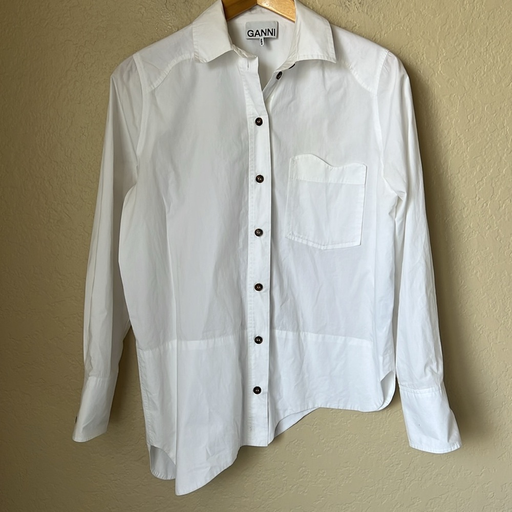 GANNI white asymmetrical organic cotton button down shirt - Picture 2 of 14